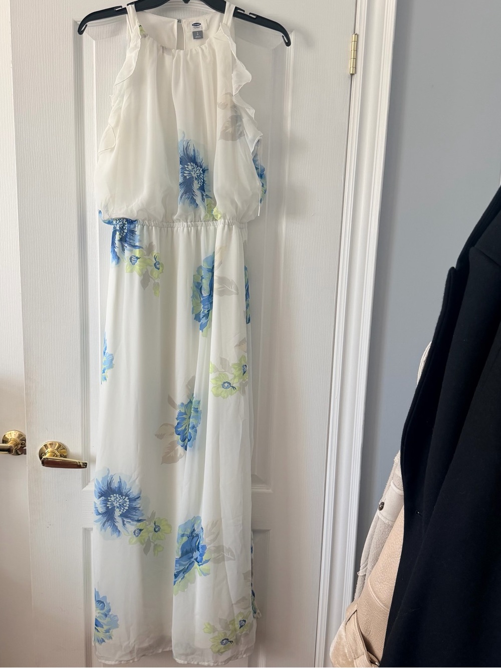 Old Navy White Maxi Dress with Blue and Lime Floral Print Size L